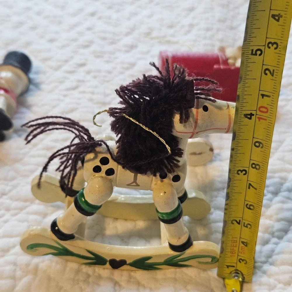 vintage wood Christmas ornaments set of 4 trumpet‎ rocking horse nutcracker mail